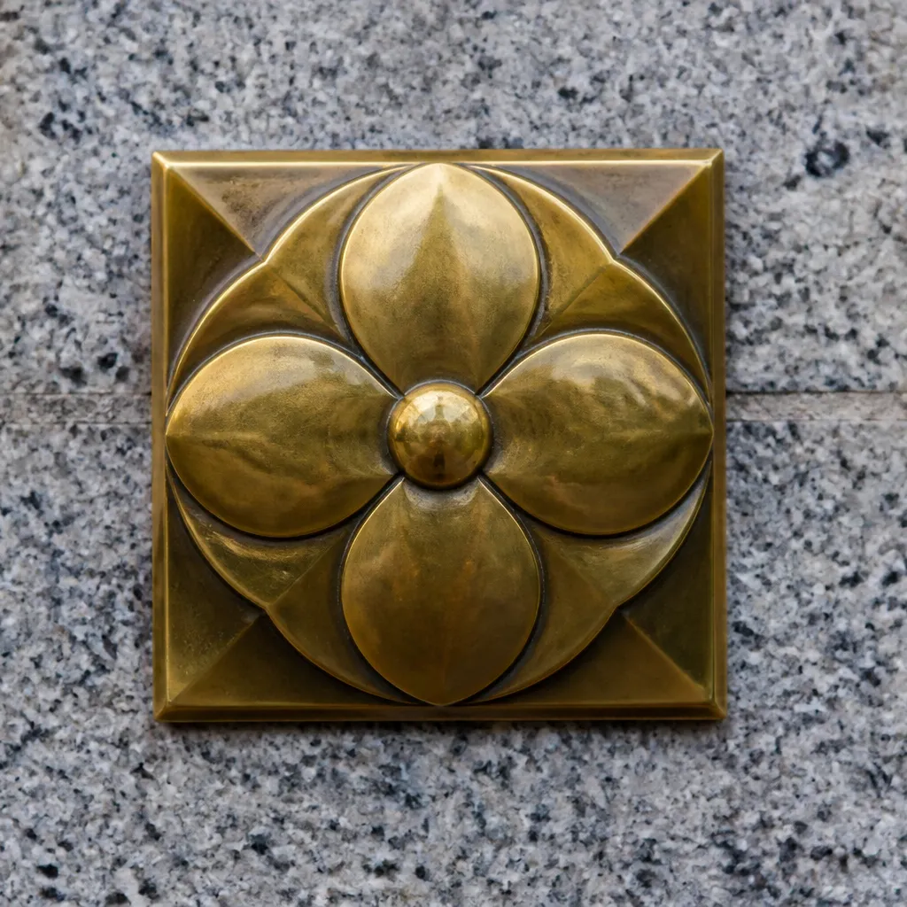 brass quatrefoil rosette on granite